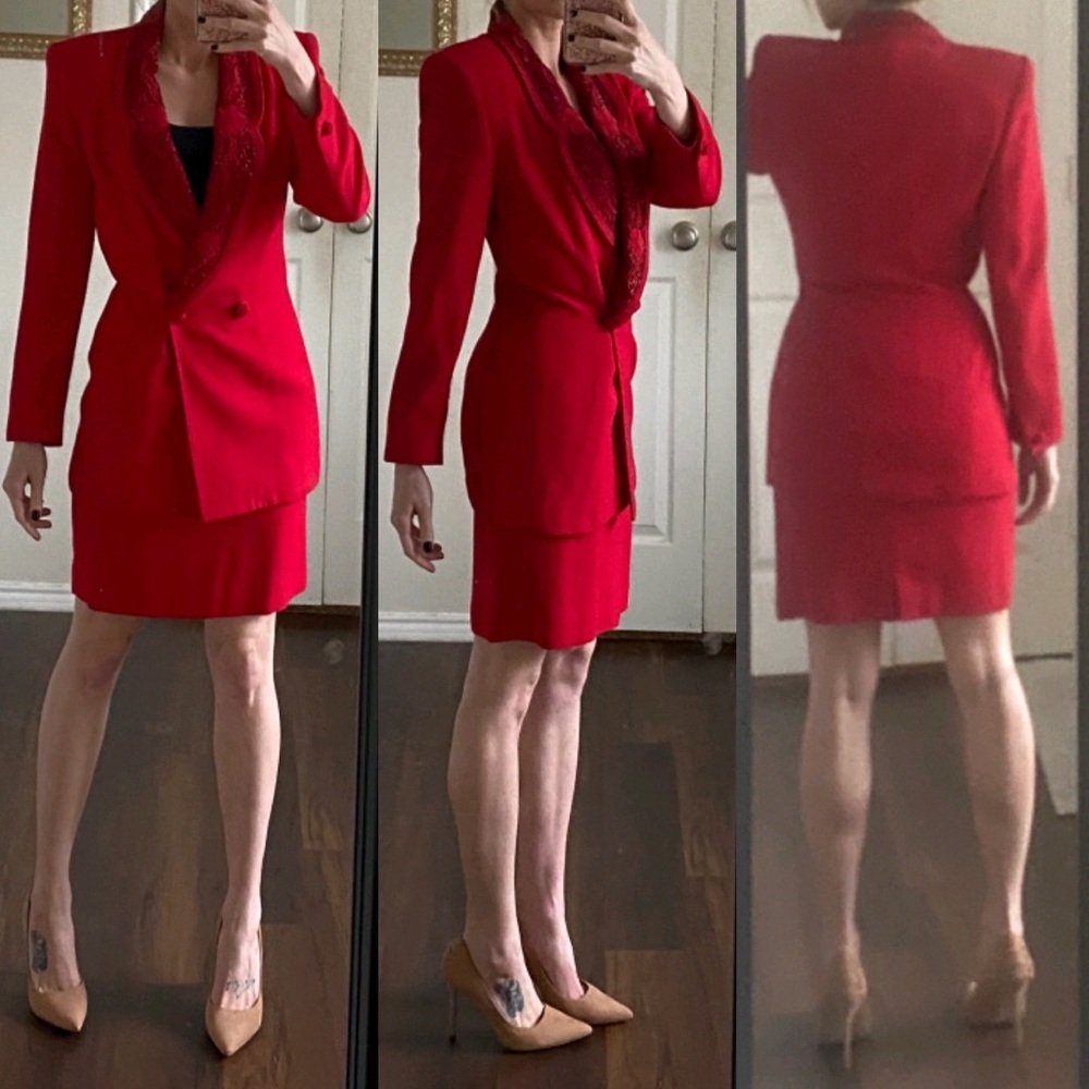 Vintage '90s Red Beaded Suit Jacket Pencil Skirt Set